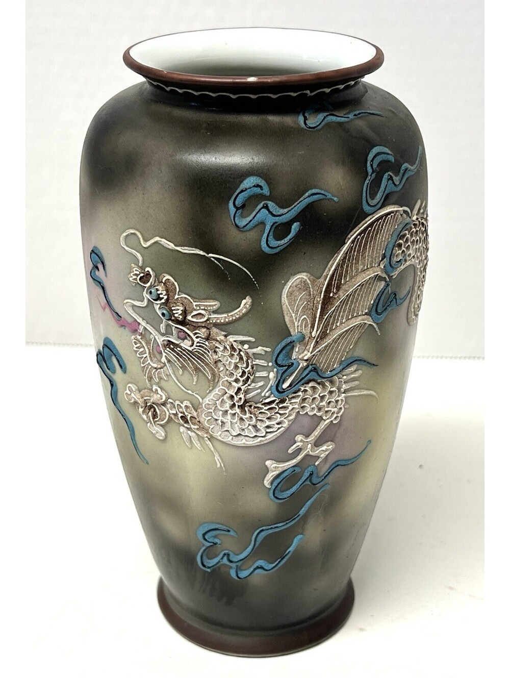 Vintage Moriage Black White Blue Dragonware Urn Vase Japan Hand Painted 7”